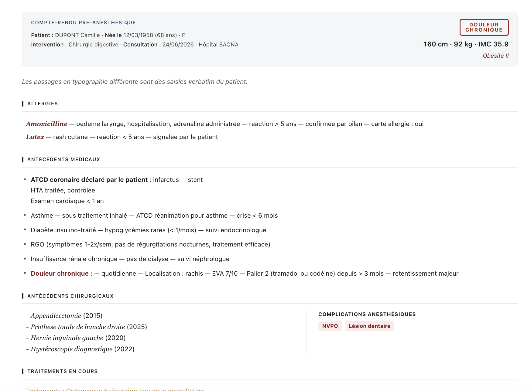 Exemple de compte-rendu pré-anesthésique — patient DUPONT Camille